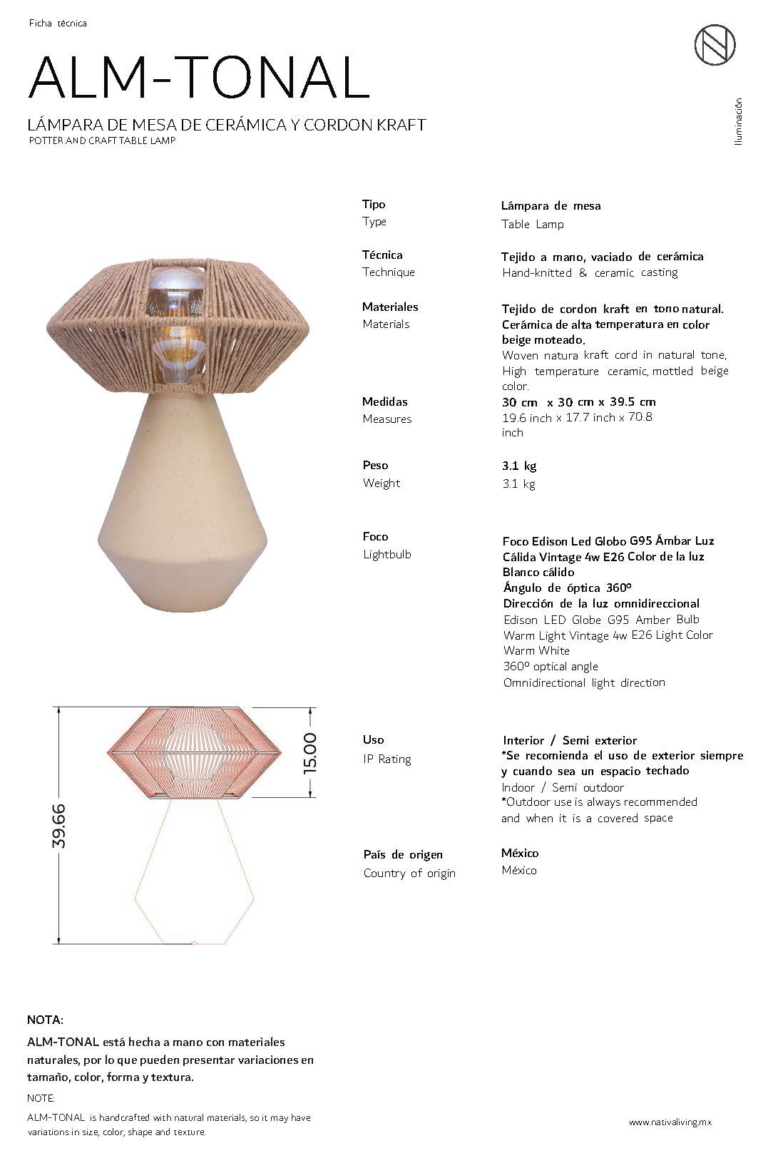 TONAL - LÁMPARA DE MESA DE CERÁMICA Y CORDÓN CRAFT