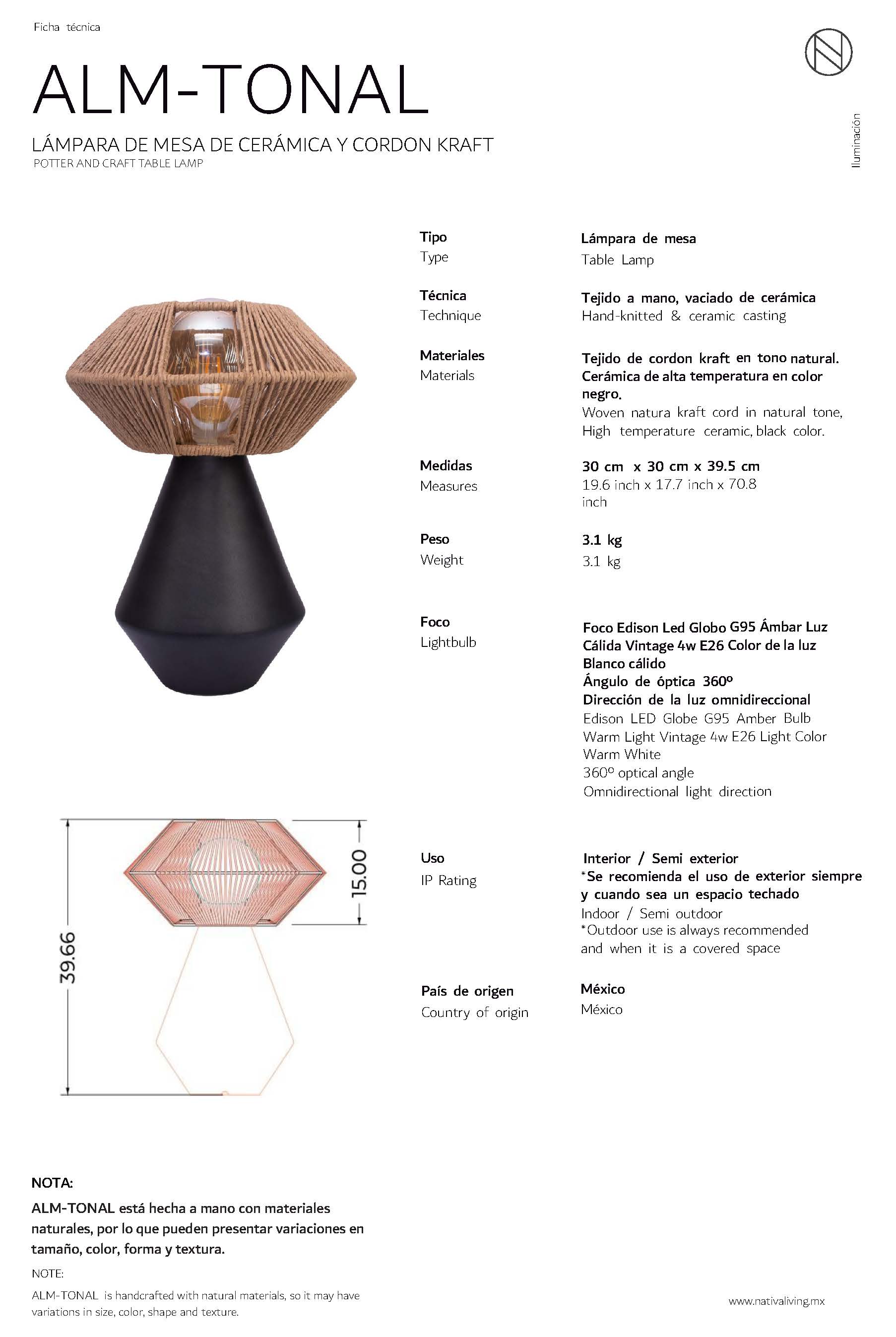 TONAL - LÁMPARA DE MESA DE CERÁMICA Y CORDÓN CRAFT