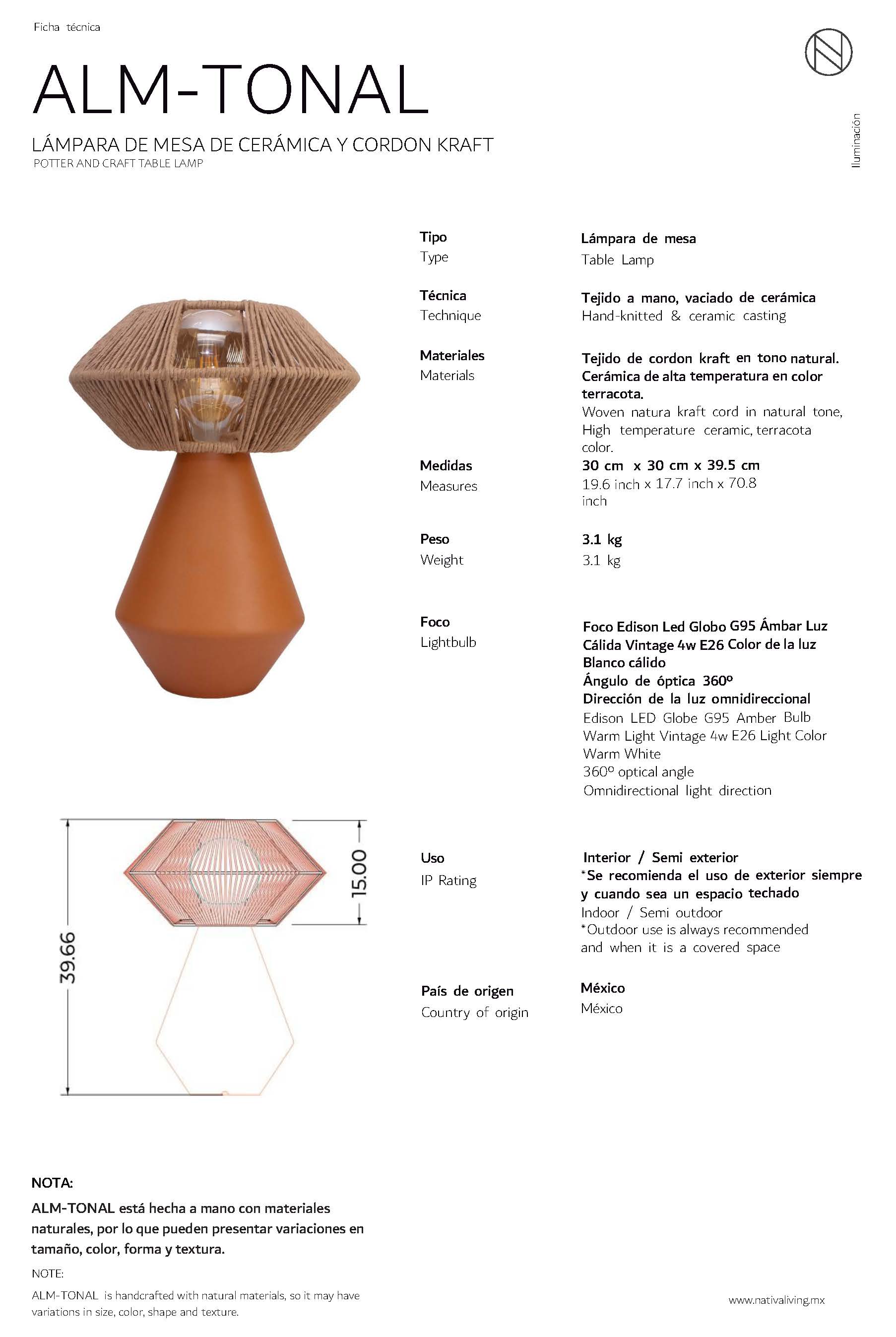 TONAL - LÁMPARA DE MESA DE CERÁMICA Y CORDÓN CRAFT