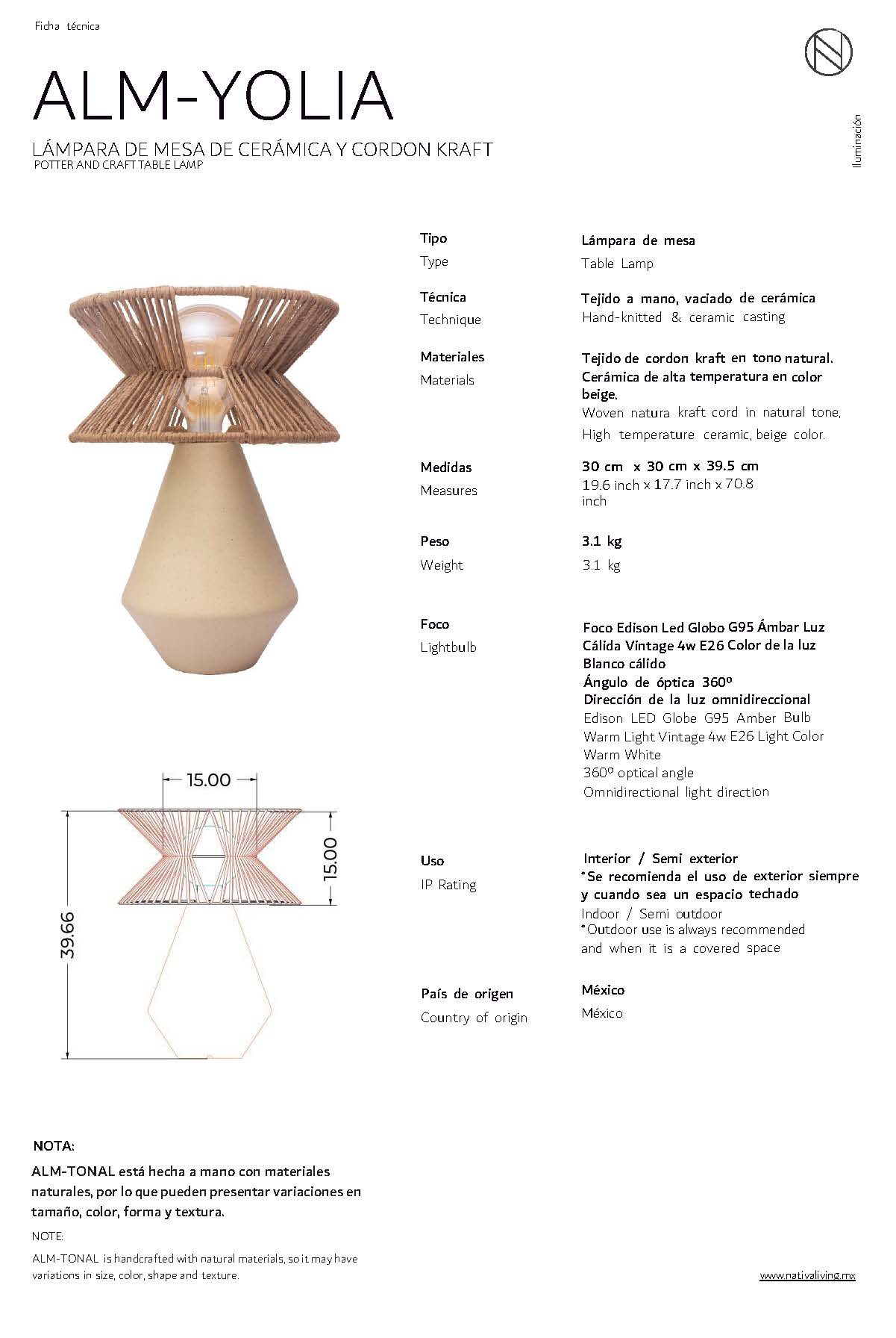 TONAL - LÁMPARA DE MESA DE CERÁMICA Y CORDÓN CRAFT