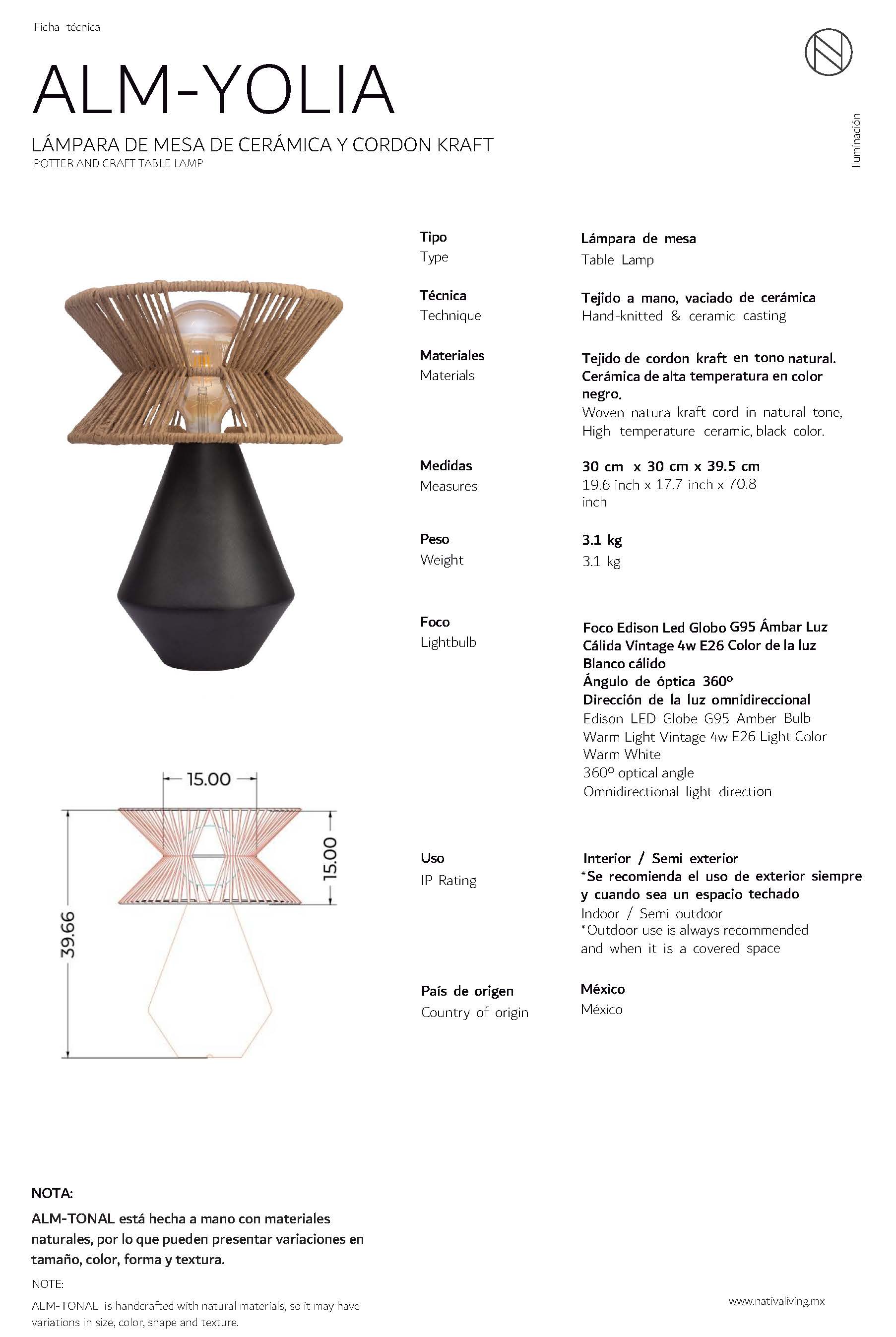 TONAL - LÁMPARA DE MESA DE CERÁMICA Y CORDÓN CRAFT