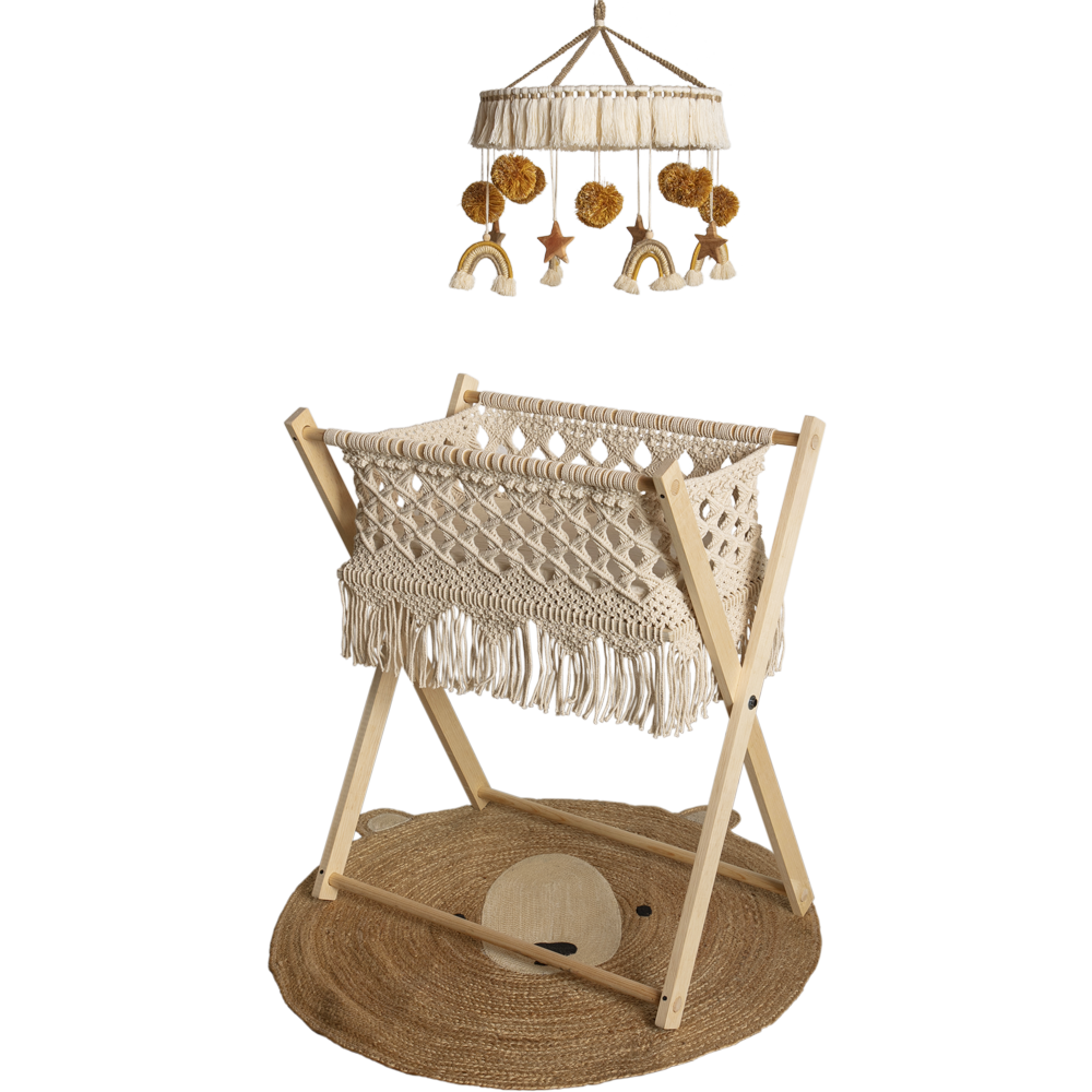 HADI - CUNA DE MACRAMÉ CON BASE DE MADERA