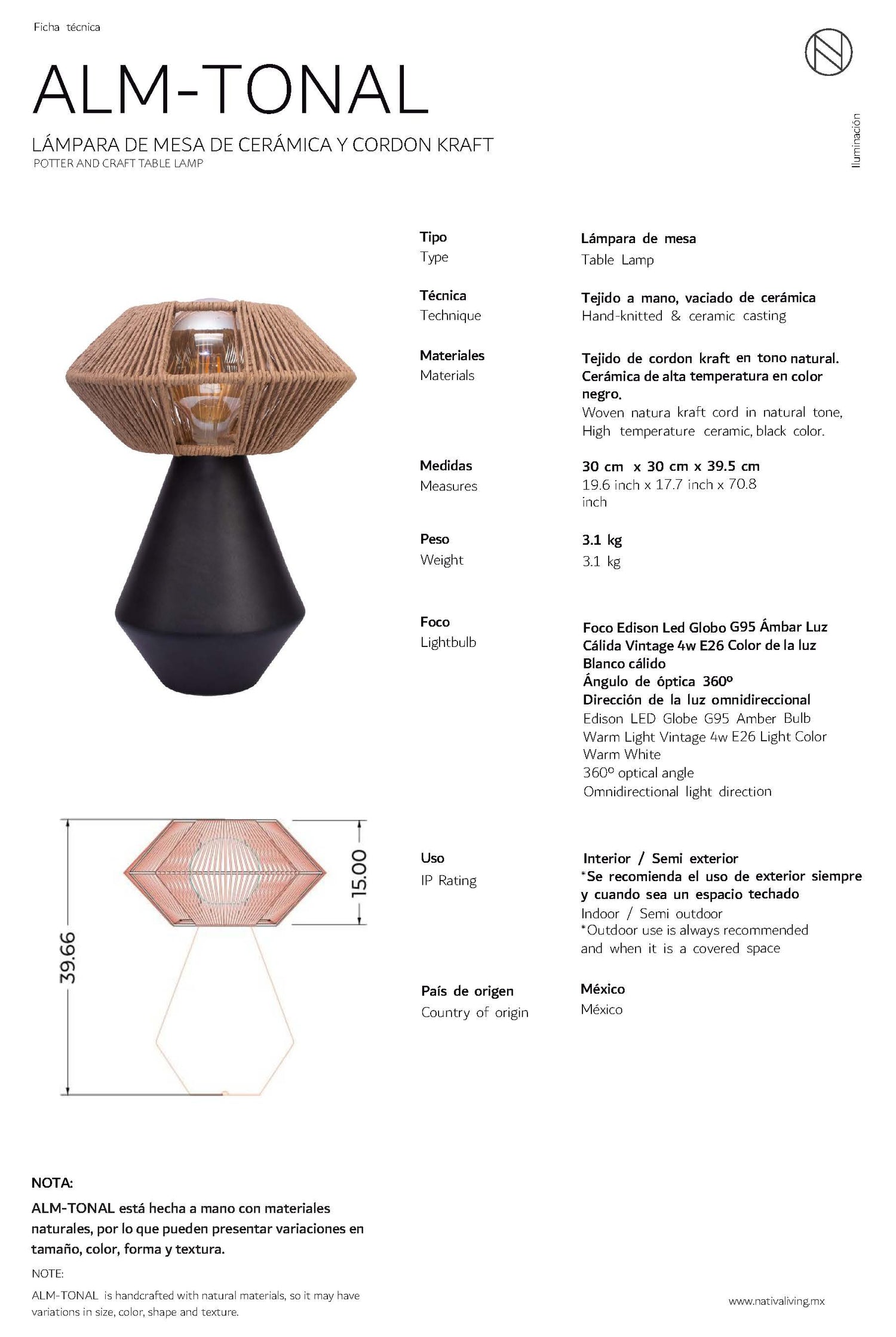 TONAL - LÁMPARA DE MESA DE CERÁMICA Y CORDÓN CRAFT