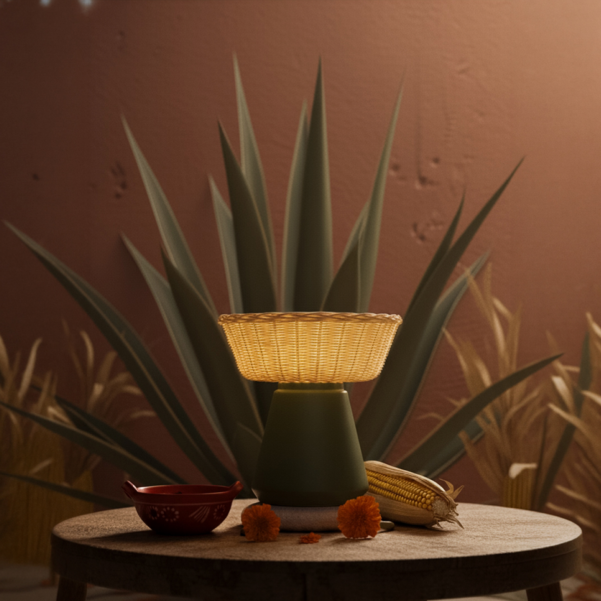 NAHUA - LÁMPARA DE MESA DE CERÁMICA Y MIMBRE